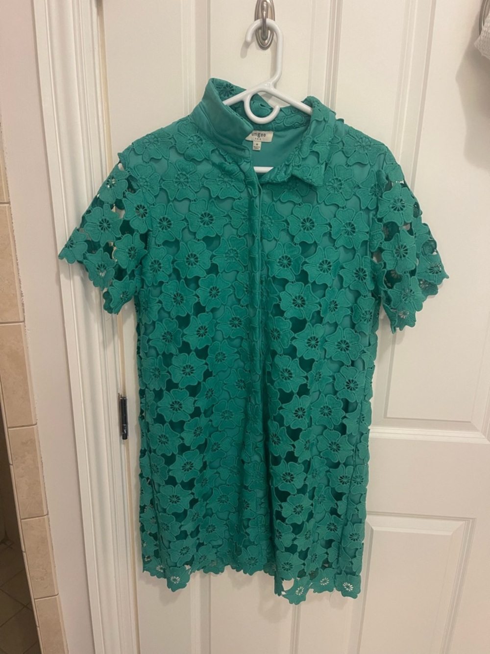 Umgee Teal Green Floral Lace Short-Sleeve Tunic